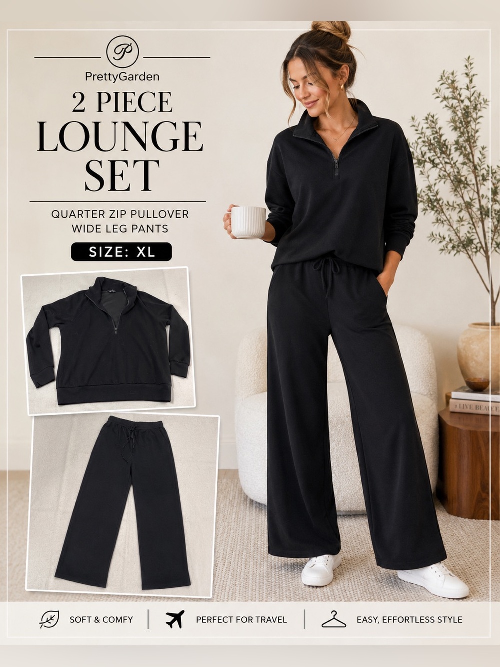 PrettyGarden Black 2 Piece Lounge Set XL Quarter Zip Wide Leg Pants
